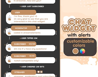 May include: A chat widget with customizable colors for Twitch streamers. The widget features alerts for user subscriptions, tips, and cheers. The text on the widget says "Chat Widget with alerts customizable colors".