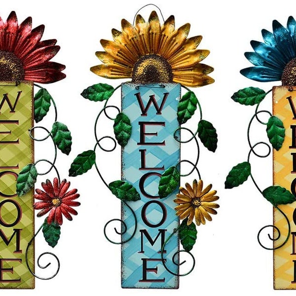 Metal Flower Welcome Hanging Door Sign Wall Art Decor for Indoor Outdoor Patio Garden Yard Sign Porch Decoration