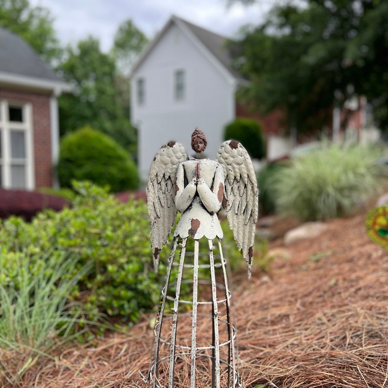 Antiqued Metal Garden Angel Statue Indoor Outdoor Angel Yard Etsy