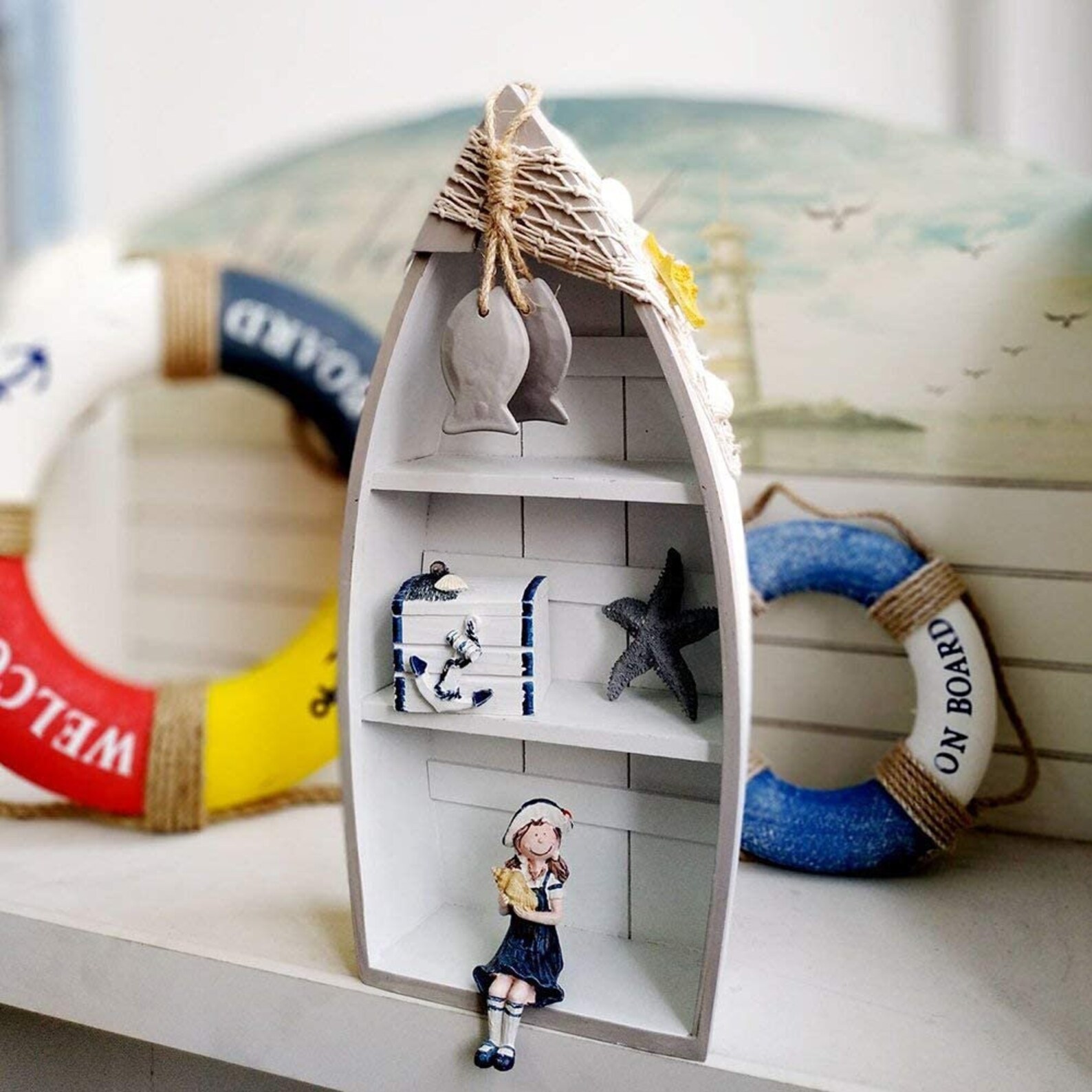 Wooden Boat Display With 3 Shelves Fish Net Star Fish Etsy