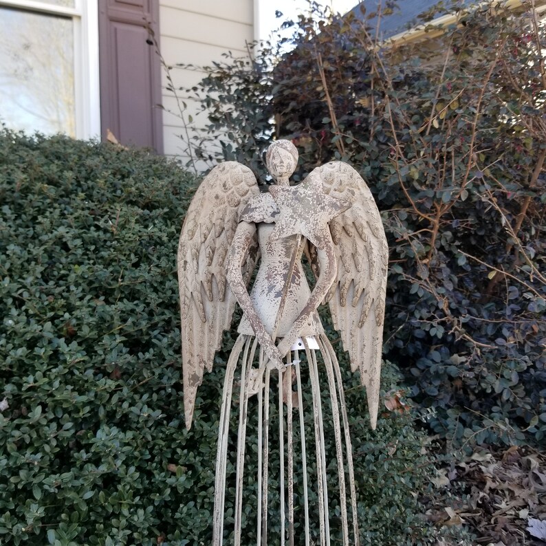 Antiqued Metal Garden Angel Statue Indoor Outdoor Angel Yard Etsy
