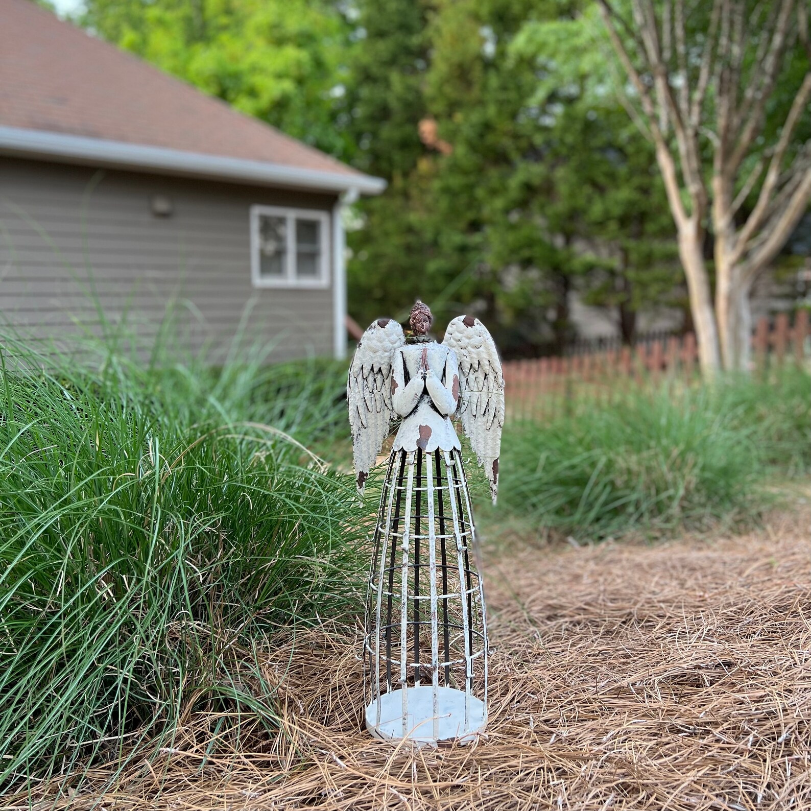 Antiqued Metal Garden Angel Statue Indoor Outdoor Angel Yard Etsy
