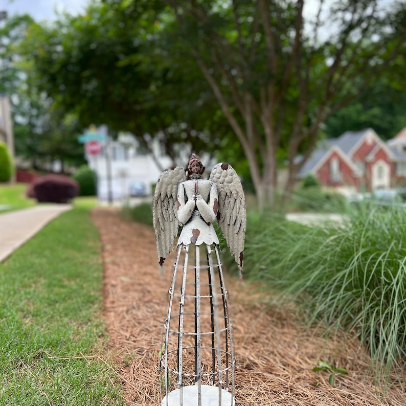 Antiqued Metal Garden Angel Statue Indoor Outdoor Angel Yard Etsy