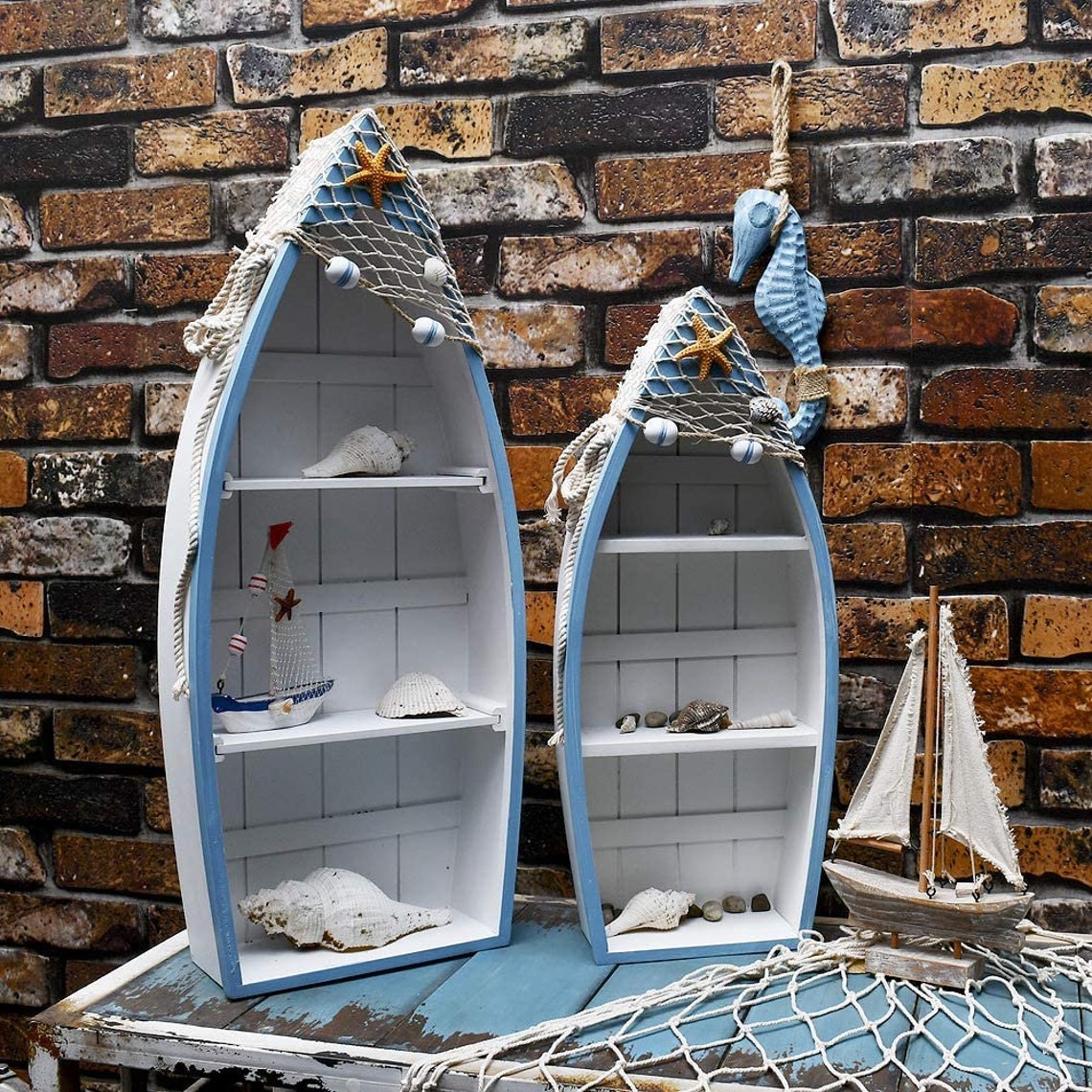 Wooden Boat Shelf Set of 2 Beach Theme Standing Display Boat Etsy