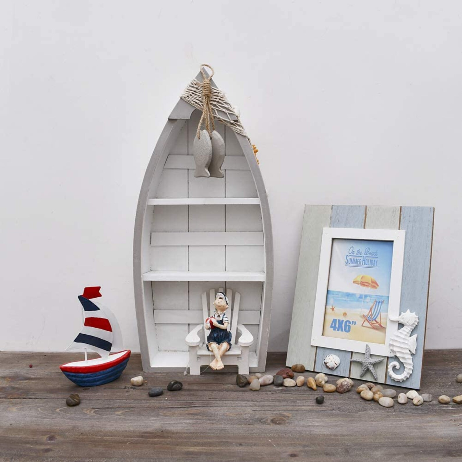 Wooden Boat Display With 3 Shelves Fish Net Star Fish Etsy