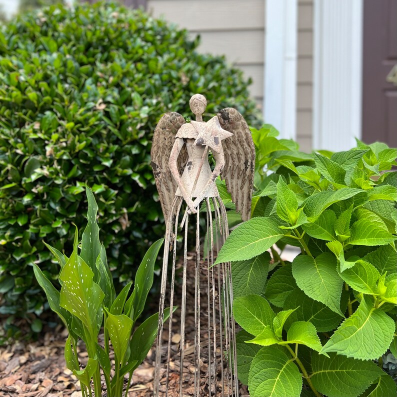 Antiqued Metal Garden Angel Statue Indoor Outdoor Angel Yard Etsy