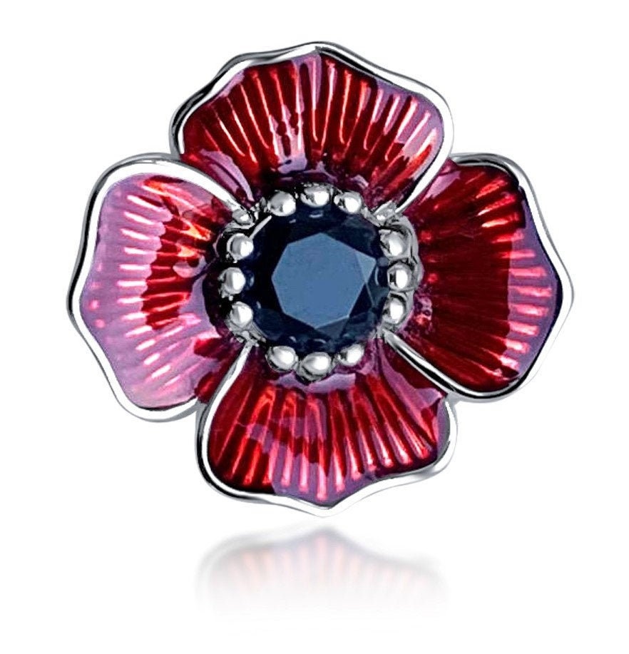Sterling Silver Red Poppy Brooch With Zirconia Stone Brooch Etsy