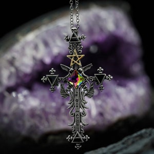 Gothic Crucifix Chain Necklace, Wiccan style jewellery, satanic cross triple goddess, protection pentagram