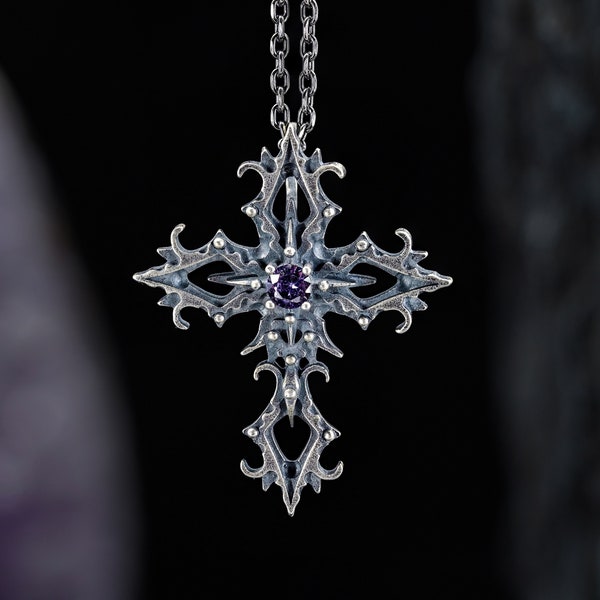 Gothic Cross Necklace - Gothic Jewelry - Halloween Jewelry - Victorian Cross - Satanic Jewelry - Amethyst Necklace