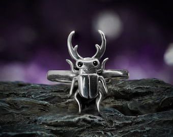 Stag Beetle Ring - Halloween Jewelry - Witchy Ring - Bug Ring - Death Head Moth Ring - Sterling Silver - Insect Earrings - Gothic Earrings