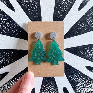 Green Silver Christmas Tree Earrings. Christmas Earrings. | Etsy