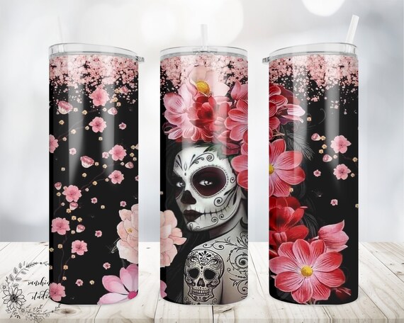 Skull with Roses 20oz Skinny Tumbler With Straw and Lid