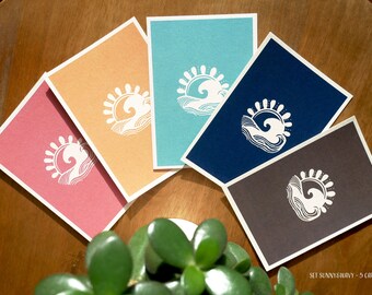Set of Colorful Postcards, Decorative Illustrations, Minimalist Illustrations, Wave, Sun, Surf, Summer, Eco-Friendly Paper