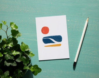 Ansichtkaart, decoratieve illustratie, minimalistische illustratie, kleurrijk, golf, surfen, zomer, milieuvriendelijk papier