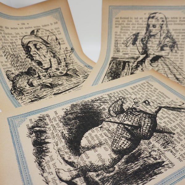 Alice im Wunderland inspiriert - Bilder - Kunst - Druck auf antiquarischen Buchseiten von 1888 - alte Schrift - Antik - Vintage
