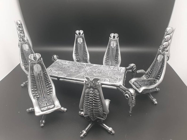 Giger inspired COMPLETE SET Table & 6 Chairs Capo Chair EXTREMELY rare Harkonnen Dune inspired hand painted Free Tracking image 1