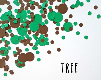 Tree , paper confetti , hand punched , kid business , green , brown , party