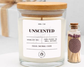 Unscented Hand-Poured Soy Wax Candle, Bamboo Lid, Vegan, Eco-Friendly, Small Batch