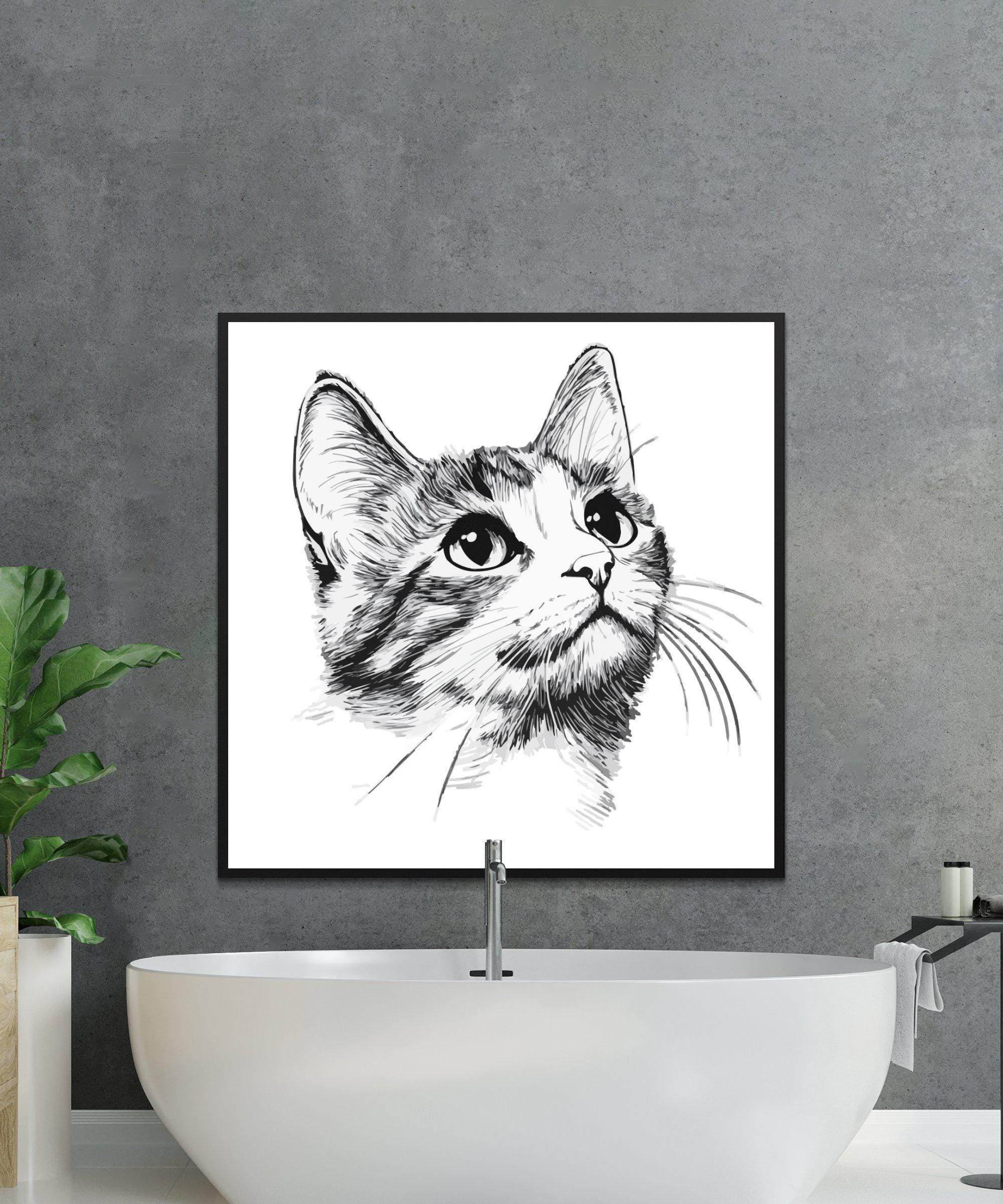 Cute Cat Digital Art Print, Black and White Cat Illustration, Wall Art ...