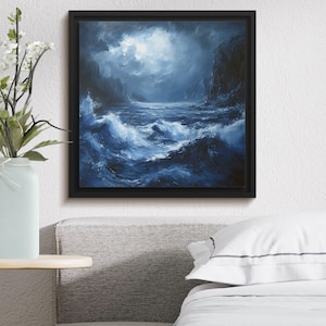 Impression d&#39;art numérique tempête océan sombre, oeuvre de paysage marin dramatique, décoration murale haute résolution, peinture côtière de mauvaise humeur à télécharger