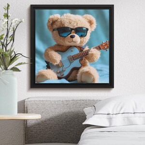 Cute Teddy Bear Playing Guitar Digital Art, Adorable Teddy Bear with Sunglasses Digital Print, Nursery Decor Artwork