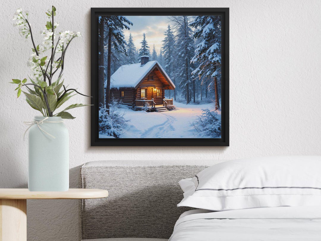 Cozy Winter Cabin in Snowy Forest Digital Art Print, Rustic Holiday ...