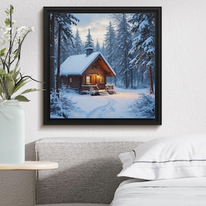 Cozy Winter Cabin in Snowy Forest Digital Art Print, Rustic Holiday Cabin Decor, Snowy Winter Wonderland Digital Download, Christmas Home
