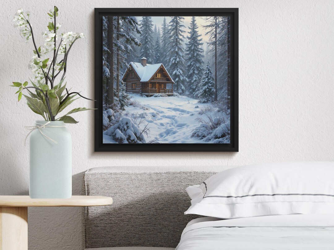 Winter Cabin in Snowy Forest Digital Art Print, Cozy Cabin in Snow ...