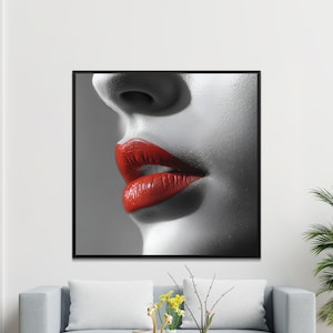 Stunning Red Lips Art Print, Modern Digital Download, Black and White Photography, Minimalist Wall Decor, Glamorous Home Decor