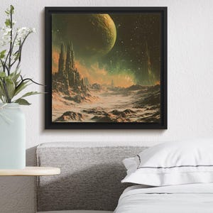Futuristic sci fi digital art space landscape with planets and alien structures printable wall art home decor