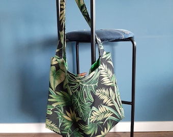 Large tote palm tree and leaves gobelin fabric, perfect size for shopping with a stroller, handmade in black design with green satin lining