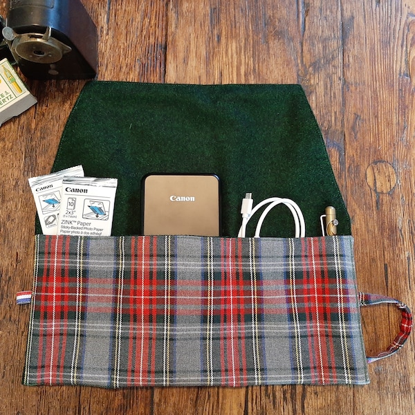 Green and tartan pocket photo printer wrap, wool blend case for pocket notebooks and printers like HP Sprocket and Canon Ivy