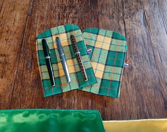 Triple pen sleeve yellow and green checkered woolblend fabric, fountain pen case for three pens, handmade in the Netherlands