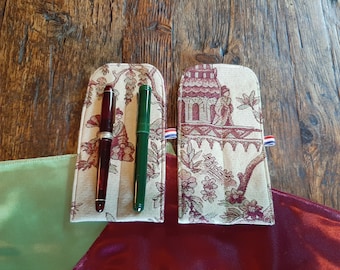 Double pen sleeve Asian pagoda fabric, fountain pen case for two pens, handmade in the Netherlands
