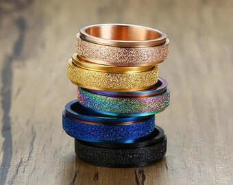 Spinner Ring for Women Anxiety Relief 3Pcs 6MM Stainless Steel Sand Blast Glitter Finish Rose Gold Silver Rainbow Color Fidget Ring Band Set