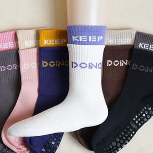 Keep Going Yoga Socks, Color Block Woman Socks, Non Slip Pilates Socks, Fitness Crew Socks, Perfect Party Gift, Gift for Yoga Lover