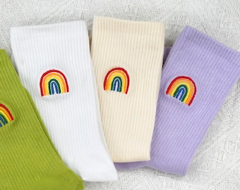 Rainbow Embroidery Unisex Cotton Socks, Party Favors Bulk, Giveaway Gift
