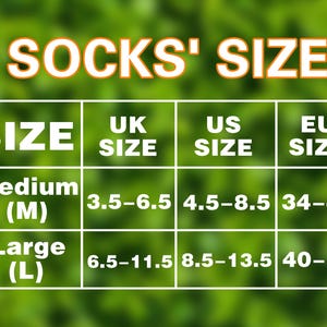 May include: A size chart for socks, with the text "SOCKS' SIZE" at the top. The chart includes sizes for UK, US, and EU, with Medium and Large sizes listed with corresponding measurements.