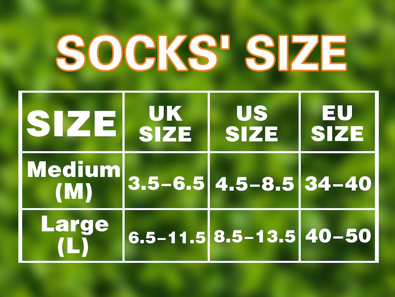 May include: A size chart for socks, with the text "SOCKS' SIZE" at the top. The chart includes sizes for UK, US, and EU, with Medium and Large sizes listed with corresponding measurements.