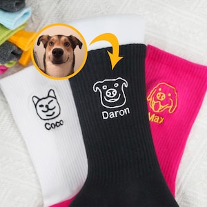 Könnte beinhalten: Drei Socken mit Tiermotiven. Eine weiße Socke zeigt eine Katzenillustration und den Namen "Coco". Eine schwarze Socke zeigt eine Hundeillustration und den Namen "Daron". Eine rosa Socke hat eine Hundeillustration und den Namen "Max".