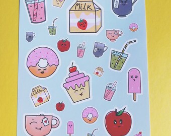 Cute food stickers ! 1 Sheet of GLOSSY cute smiling faces food stickers 27 stickers per sheet.