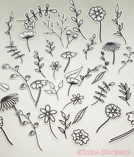 50 Floral Stickers: Botanical Ink Drawings, Waterproof or Matte