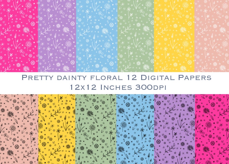 Very pretty dainty flower DIGITAL 12x12inch Paper designs. Black and white flowers, range of background colours. image 1