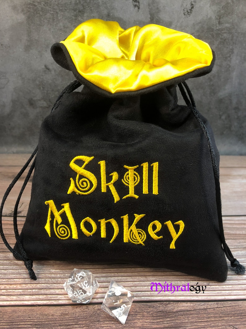 Bolsas de dados Bolsa de almacenamiento de soporte, mazmorras DnD y dragones RPG rol juego de dados bolsa de regalos juegos, bordados dibujos bolsa bolsa bolsa Skill Monkey