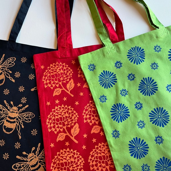 Coloured Tote bags, hand printed designs