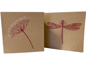 Dragonfly and Cow Parsley Design Hand Printed Kraft Cards - pack of ten
