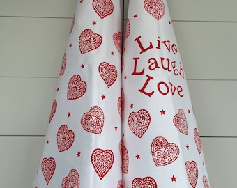 Live, Laugh, Love - Valentine Heart Tea Towel 100% Cotton Hand Printed