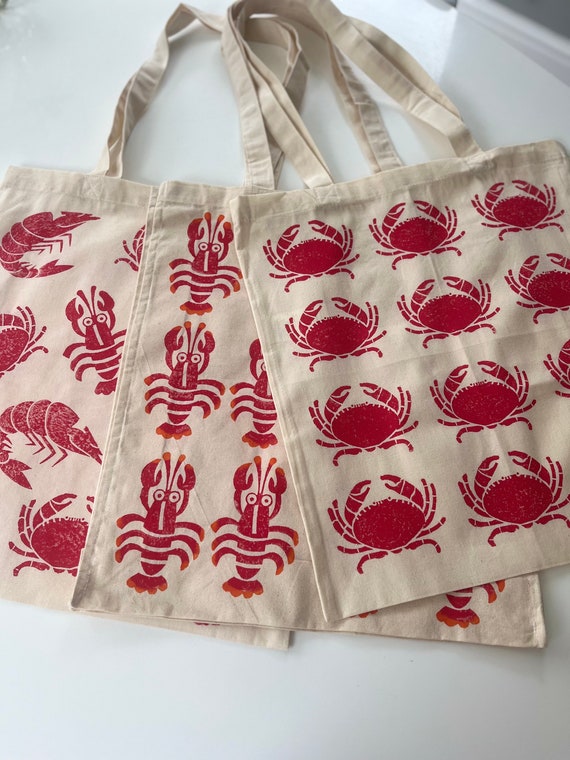 Lobster, Crab and Prawn print Tote Bag Shopping Bag Hand Printed