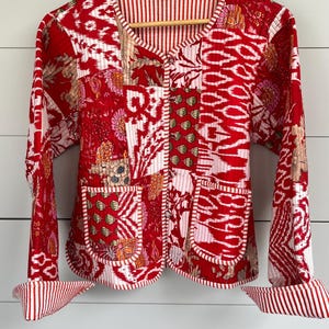 Red Patchwork Quilted Jacket Blockprinted 100% Cotton