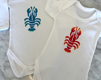 Hand printed Lobster Baby Wear, Matching Bibs available